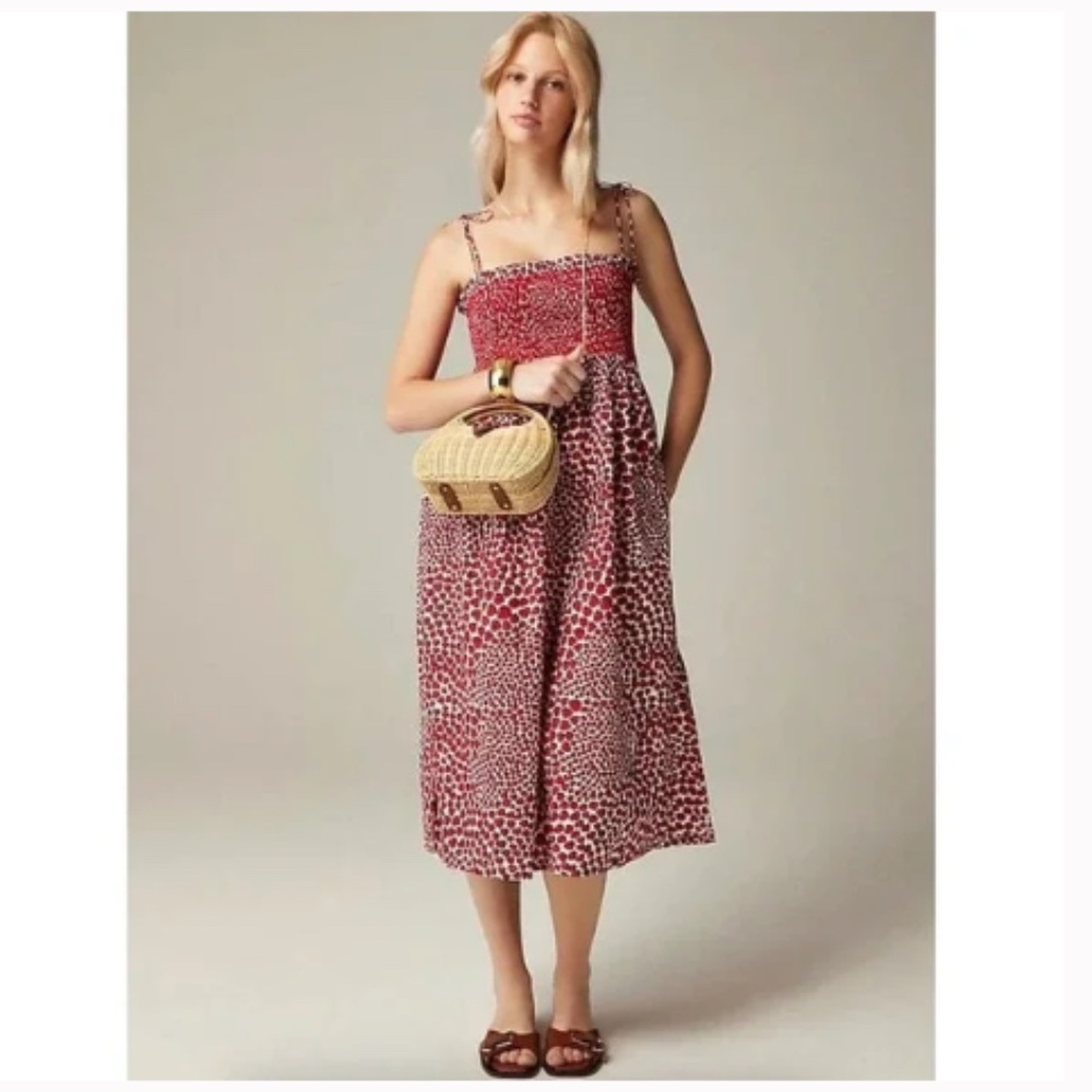 BNWT J Crew strawberry pattern smocked empire midi tie strap dress, size medium